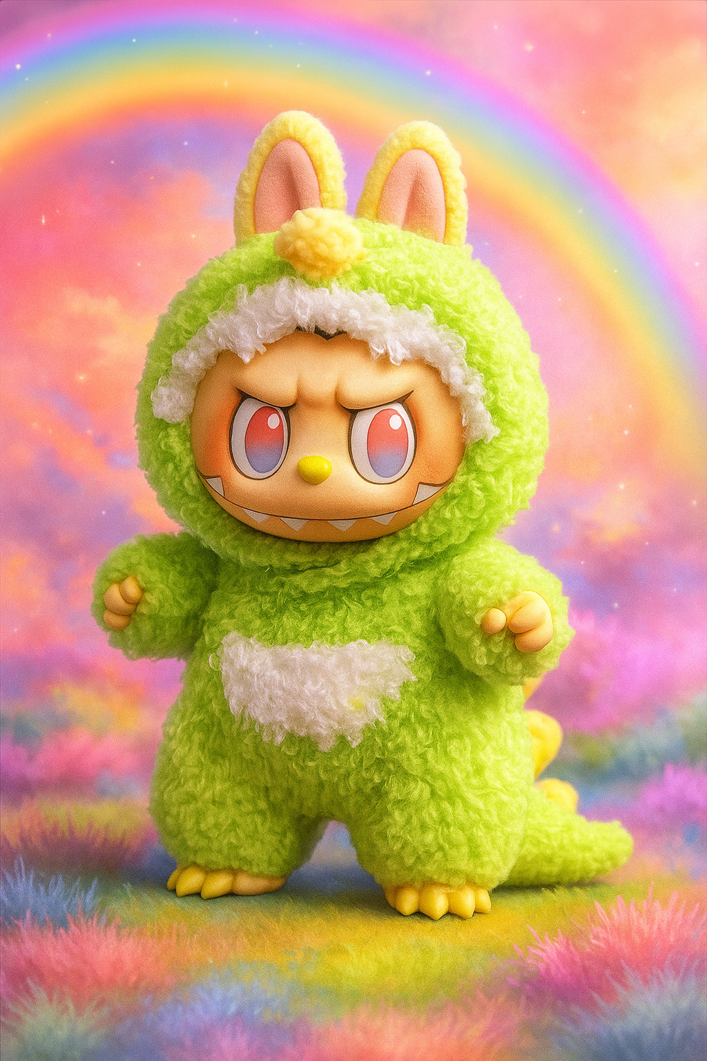 17cm Labubu Dinosaur Outfit - Adorable Green Dino Hoodie Jumpsuit with Keychain Accessories